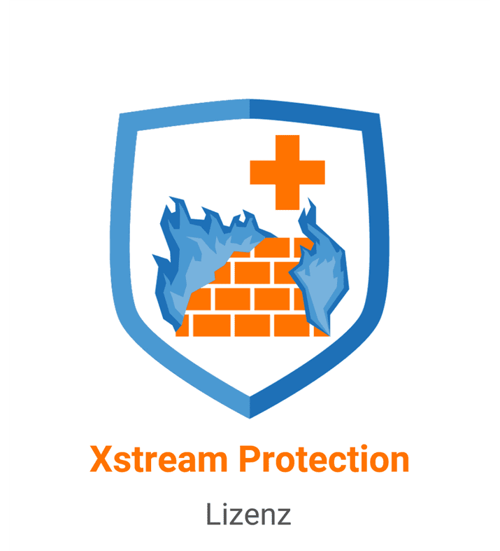 Sophos Xstream Protection Lizenz Vorschaubild bestehend aus einem blauen Schild, indem sich eine Mauer mit blauen Flammen und ein Plus befinden
